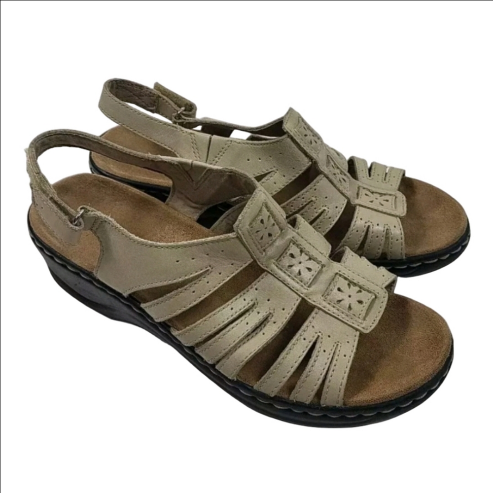 Clarks Beige Leather Sling Back Strappy T STRAP Wedge Heel Sandals Womens 8 M